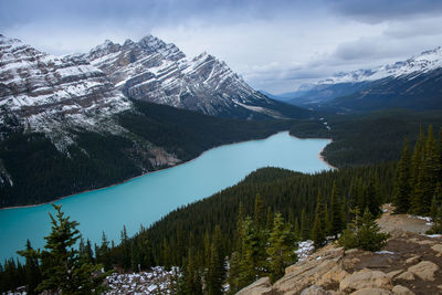 Scenic view of snowcapped mountains against sky during winter