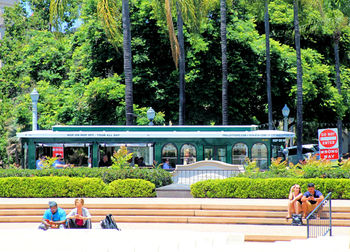 People sitting by swimming pool against trees