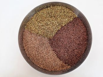 High angle view of bread in bowl against white background