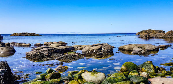 Rocks in sea against clear blue sky