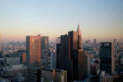 City skyline at sunset