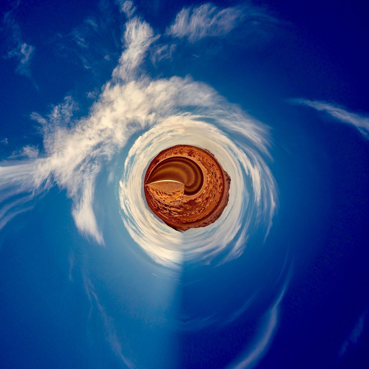 sky, cloud - sky, blue, no people, shape, nature, geometric shape, design, surreal, circle, outdoors, beauty in nature, digital composite, day, fish-eye lens, pattern, idyllic, directly above, food and drink, water