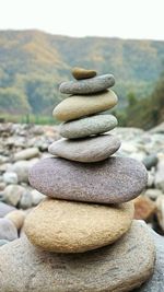 Close-up of stone stack on rock