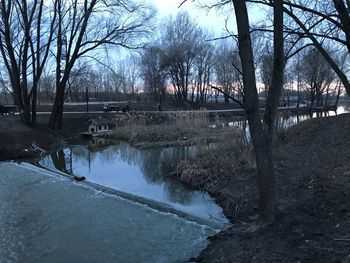 Bare trees by river against sky during winter