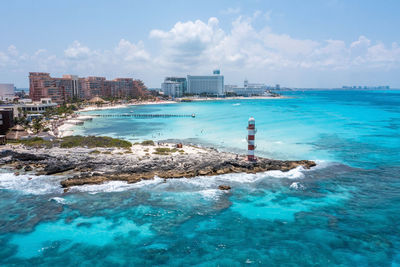 Aerial view of punta cancun adorned lighthouse