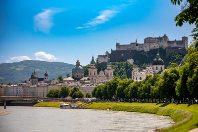 Buildings by river against sky