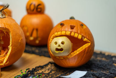 Close-up of pumpkin on table during halloween