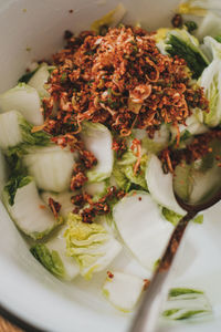 High angle view of meal served in bowl