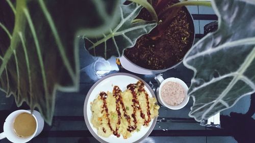 High angle view of breakfast served on table