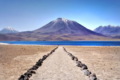 Scenic view of land and mountains against sky