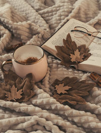 Christmas decorations with lights, hot drink, fruits and a good book