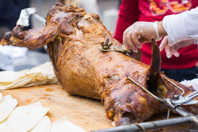 Close-up of hand holding meat