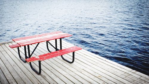 High angle view of red boat on sea