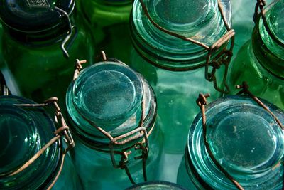 Full frame shot of old empty bottles