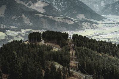 High angle view of trees and mountains