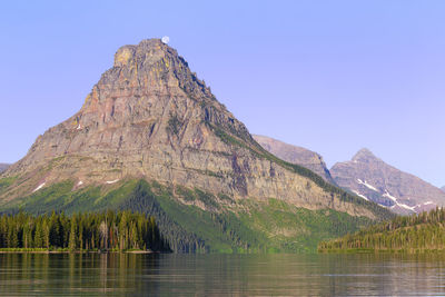 Scenic view of lake and mountains against clear sky