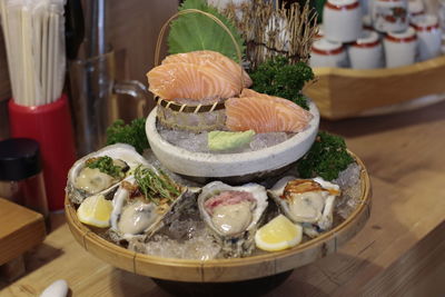 Close-up of sushi sea food served on table