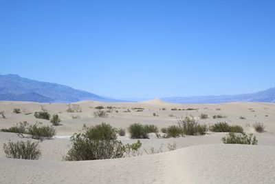 Scenic view of desert against clear blue sky