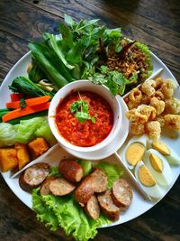 High angle view of serving food in bowl