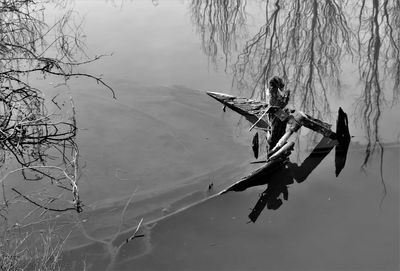 Reflection of bare trees in lake