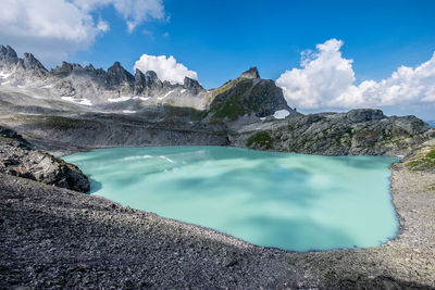 Panoramic view of lake and mountains against sky