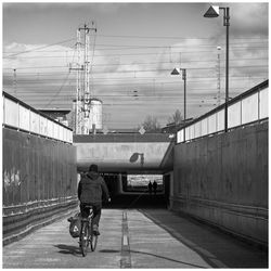 Rear view of people walking on street