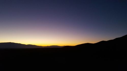 Scenic view of silhouette mountains against clear sky at sunset