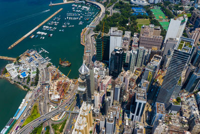 High angle view of modern buildings in city