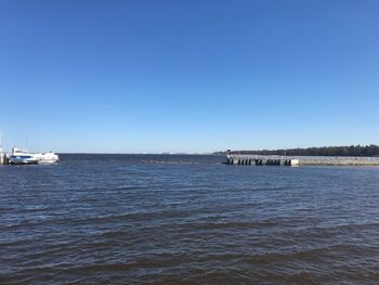 Scenic view of sea against clear blue sky