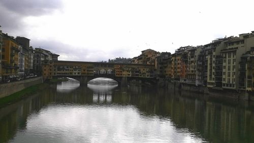 Arch bridge over river amidst buildings in city against sky