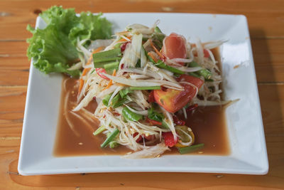 High angle view of food served on table