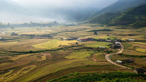 High angle view of agricultural field against sky