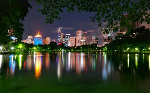 Reflection of illuminated buildings in water at night