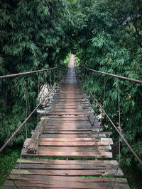 Rear view of man walking on footbridge