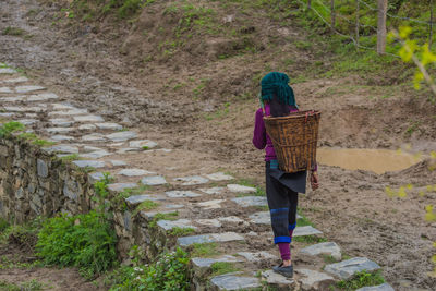 Rear view of woman walking on pathway at farm