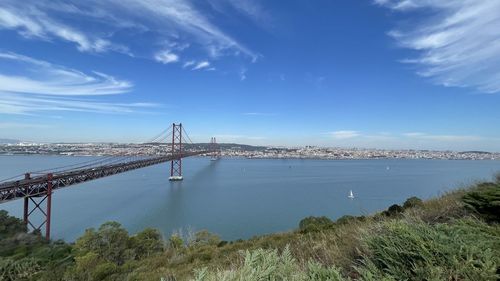 Suspension bridge over sea against sky