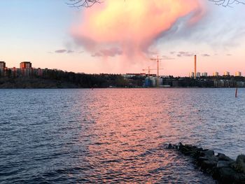 Scenic view of river against sky during sunset