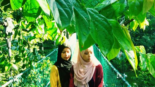 Young women wearing hijab standing on footbridge in forest