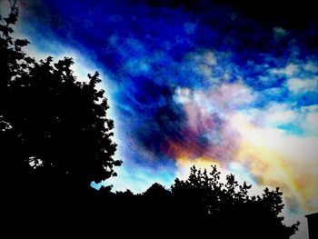 Low angle view of silhouette trees against rainbow in sky