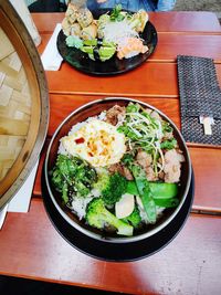 High angle view of meal served on table