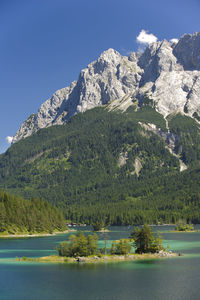 Lake eibsee at zugspitze mountain range in germany