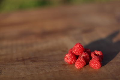 Close-up of fresh raspberries on table