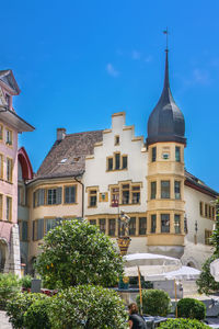 Square with fountain in biel city center, switzerland