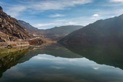 Pristine lake surrounded by himalayan mountain with pristine water reflection isolated view