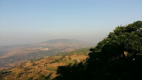 Scenic view of tree mountains against clear sky