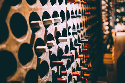 Close-up of bottles in building