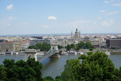 Bridge over river by cityscape against sky