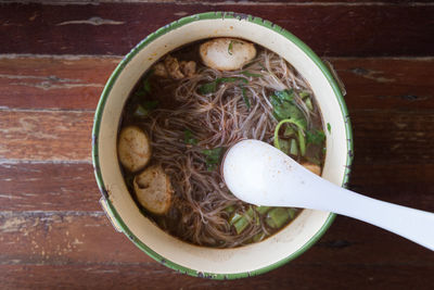 High angle view of soup in bowl on table