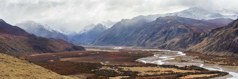 Panoramic view of snowcapped mountains against sky