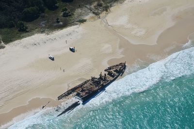 High angle view of abandoned ship at sea shore